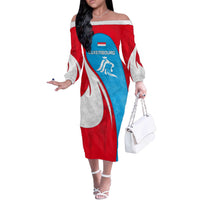 Luxembourg Off The Shoulder Long Sleeve Dress with National Flag Colors and White Lion Crest Design