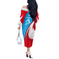 Luxembourg Off The Shoulder Long Sleeve Dress with National Flag Colors and White Lion Crest Design