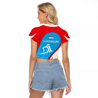 Luxembourg Raglan Cropped T Shirt with National Flag Colors and White Lion Crest Design