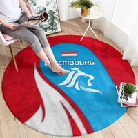 Luxembourg Round Carpet with National Flag Colors and White Lion Crest Design