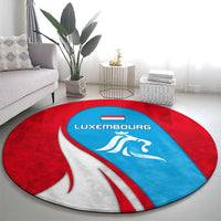 Luxembourg Round Carpet with National Flag Colors and White Lion Crest Design