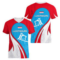 Luxembourg Women V-Neck T-Shirt with National Flag Colors and White Lion Crest Design