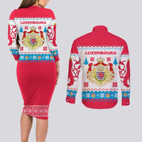 Luxembourg Christmas Couples Matching Long Sleeve Bodycon Dress and Long Sleeve Button Shirt with Red Lion Crest and Snowflake Pattern