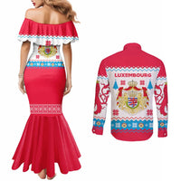 Luxembourg Christmas Couples Matching Mermaid Dress and Long Sleeve Button Shirt with Red Lion Crest and Snowflake Pattern