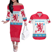 Luxembourg Christmas Couples Matching Off The Shoulder Long Sleeve Dress and Hawaiian Shirt with Red Lion Crest and Snowflake Pattern