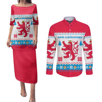 Luxembourg Christmas Couples Matching Puletasi and Long Sleeve Button Shirt with Red Lion Crest and Snowflake Pattern