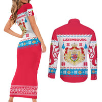 Luxembourg Christmas Couples Matching Short Sleeve Bodycon Dress and Long Sleeve Button Shirt with Red Lion Crest and Snowflake Pattern