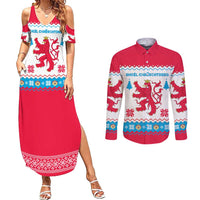 Luxembourg Christmas Couples Matching Summer Maxi Dress and Long Sleeve Button Shirt with Red Lion Crest and Snowflake Pattern