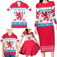 Luxembourg Christmas Family Matching Long Sleeve Bodycon Dress and Hawaiian Shirt with Red Lion Crest and Snowflake Pattern