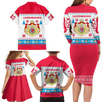 Luxembourg Christmas Family Matching Long Sleeve Bodycon Dress and Hawaiian Shirt with Red Lion Crest and Snowflake Pattern
