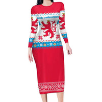 Luxembourg Christmas Family Matching Long Sleeve Bodycon Dress and Hawaiian Shirt with Red Lion Crest and Snowflake Pattern