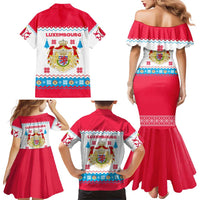 Luxembourg Christmas Family Matching Mermaid Dress and Hawaiian Shirt with Red Lion Crest and Snowflake Pattern