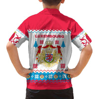 Luxembourg Christmas Family Matching Off The Shoulder Long Sleeve Dress and Hawaiian Shirt with Red Lion Crest and Snowflake Pattern