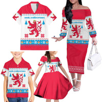 Luxembourg Christmas Family Matching Off The Shoulder Long Sleeve Dress and Hawaiian Shirt with Red Lion Crest and Snowflake Pattern