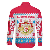 Luxembourg Christmas Family Matching Off The Shoulder Long Sleeve Dress and Hawaiian Shirt with Red Lion Crest and Snowflake Pattern