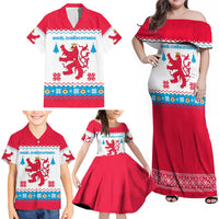 Luxembourg Christmas Family Matching Off Shoulder Maxi Dress and Hawaiian Shirt with Red Lion Crest and Snowflake Pattern