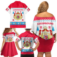 Luxembourg Christmas Family Matching Off Shoulder Short Dress and Hawaiian Shirt with Red Lion Crest and Snowflake Pattern