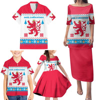 Luxembourg Christmas Family Matching Puletasi and Hawaiian Shirt with Red Lion Crest and Snowflake Pattern