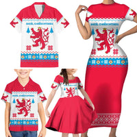 Luxembourg Christmas Family Matching Short Sleeve Bodycon Dress and Hawaiian Shirt with Red Lion Crest and Snowflake Pattern
