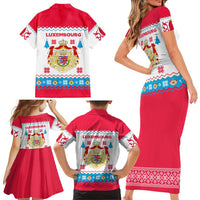Luxembourg Christmas Family Matching Short Sleeve Bodycon Dress and Hawaiian Shirt with Red Lion Crest and Snowflake Pattern