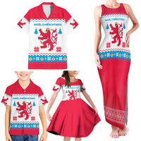 Luxembourg Christmas Family Matching Tank Maxi Dress and Hawaiian Shirt with Red Lion Crest and Snowflake Pattern