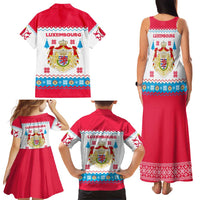 Luxembourg Christmas Family Matching Tank Maxi Dress and Hawaiian Shirt with Red Lion Crest and Snowflake Pattern