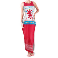 Luxembourg Christmas Family Matching Tank Maxi Dress and Hawaiian Shirt with Red Lion Crest and Snowflake Pattern