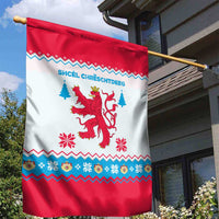 Luxembourg Christmas Garden Flag with Red Lion Crest and Snowflake Pattern