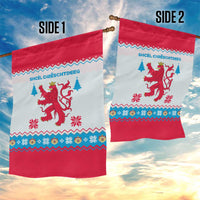 Luxembourg Christmas Garden Flag with Red Lion Crest and Snowflake Pattern