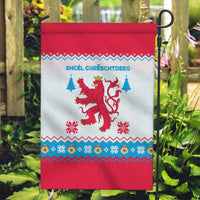 Luxembourg Christmas Garden Flag with Red Lion Crest and Snowflake Pattern
