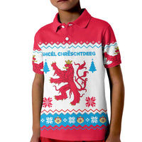 Luxembourg Christmas Kid Polo Shirt with Red Lion Crest and Snowflake Pattern