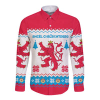 Luxembourg Christmas Long Sleeve Button Shirt with Red Lion Crest and Snowflake Pattern