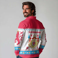 Luxembourg Christmas Long Sleeve Polo Shirt with Red Lion Crest and Snowflake Pattern