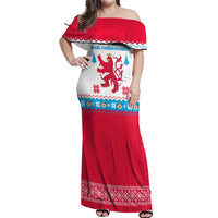 Luxembourg Christmas Off Shoulder Maxi Dress with Red Lion Crest and Snowflake Pattern