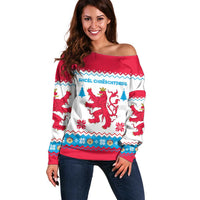 Luxembourg Christmas Off Shoulder Sweater with Red Lion Crest and Snowflake Pattern