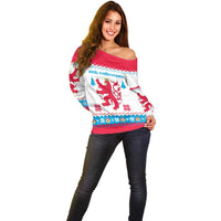 Luxembourg Christmas Off Shoulder Sweater with Red Lion Crest and Snowflake Pattern