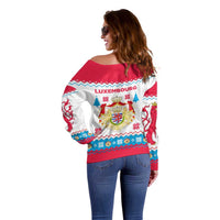 Luxembourg Christmas Off Shoulder Sweater with Red Lion Crest and Snowflake Pattern