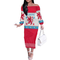 Luxembourg Christmas Off The Shoulder Long Sleeve Dress with Red Lion Crest and Snowflake Pattern