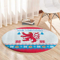 Luxembourg Christmas Round Carpet with Red Lion Crest and Snowflake Pattern