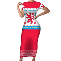 Luxembourg Christmas Short Sleeve Bodycon Dress with Red Lion Crest and Snowflake Pattern
