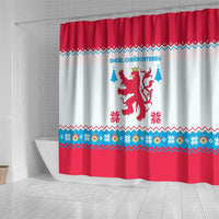 Luxembourg Christmas Shower Curtain with Red Lion Crest and Snowflake Pattern
