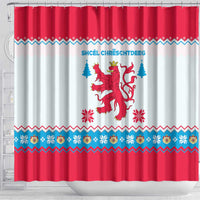 Luxembourg Christmas Shower Curtain with Red Lion Crest and Snowflake Pattern