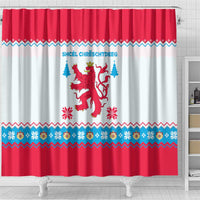 Luxembourg Christmas Shower Curtain with Red Lion Crest and Snowflake Pattern