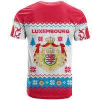 Luxembourg Christmas T Shirt with Red Lion Crest and Snowflake Pattern