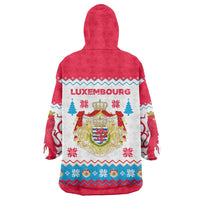 Luxembourg Christmas Wearable Blanket Hoodie with Red Lion Crest and Snowflake Pattern