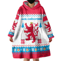 Luxembourg Christmas Wearable Blanket Hoodie with Red Lion Crest and Snowflake Pattern