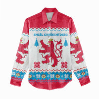 Luxembourg Christmas Women Casual Shirt with Red Lion Crest and Snowflake Pattern