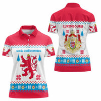 Luxembourg Christmas Women Polo Shirt with Red Lion Crest and Snowflake Pattern