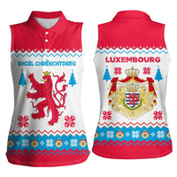 Luxembourg Christmas Women Sleeveless Polo Shirt with Red Lion Crest and Snowflake Pattern