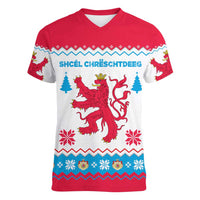 Luxembourg Christmas Women V-Neck T-Shirt with Red Lion Crest and Snowflake Pattern